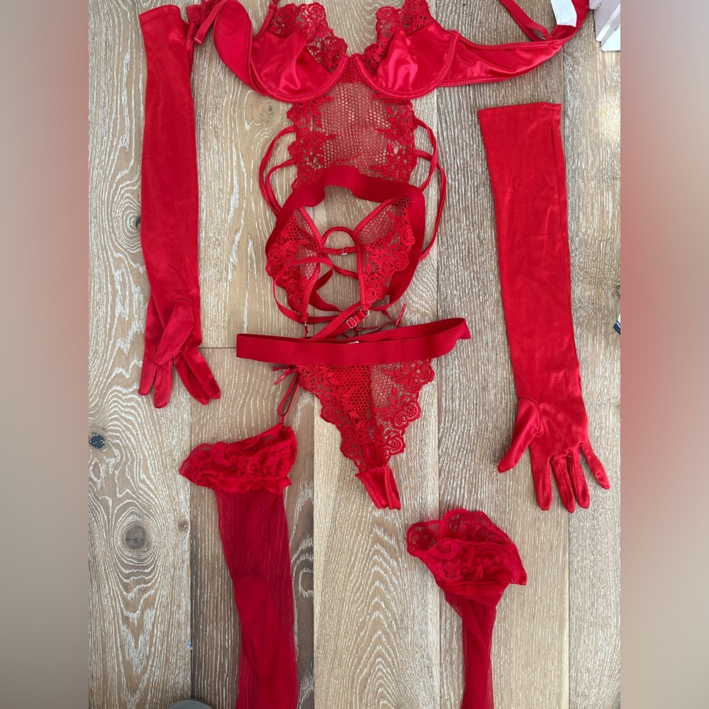 Lingerie Set- Red Heart Lace Trim, Nude Pantyhose, Black Dress - Picture 2 of 5